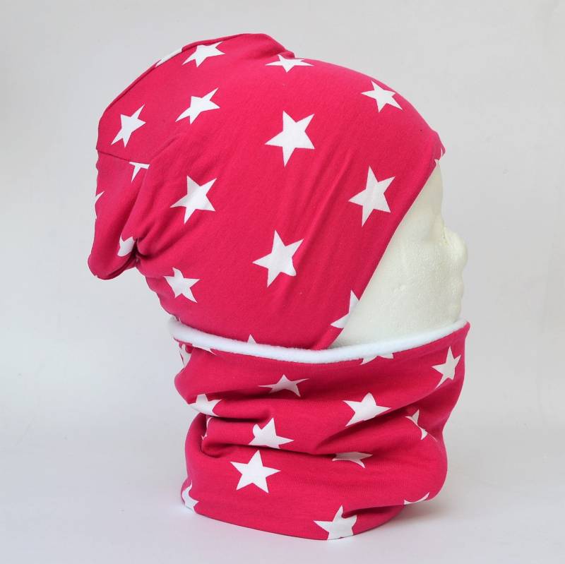 Fleece Loop Schal & Mütze Set | Große Sterne Weiß Pink Mädchen Für 4 - 5 6 7 8 Jahre Kinder Warm Gefüttert Beanie Kombination von lamaika