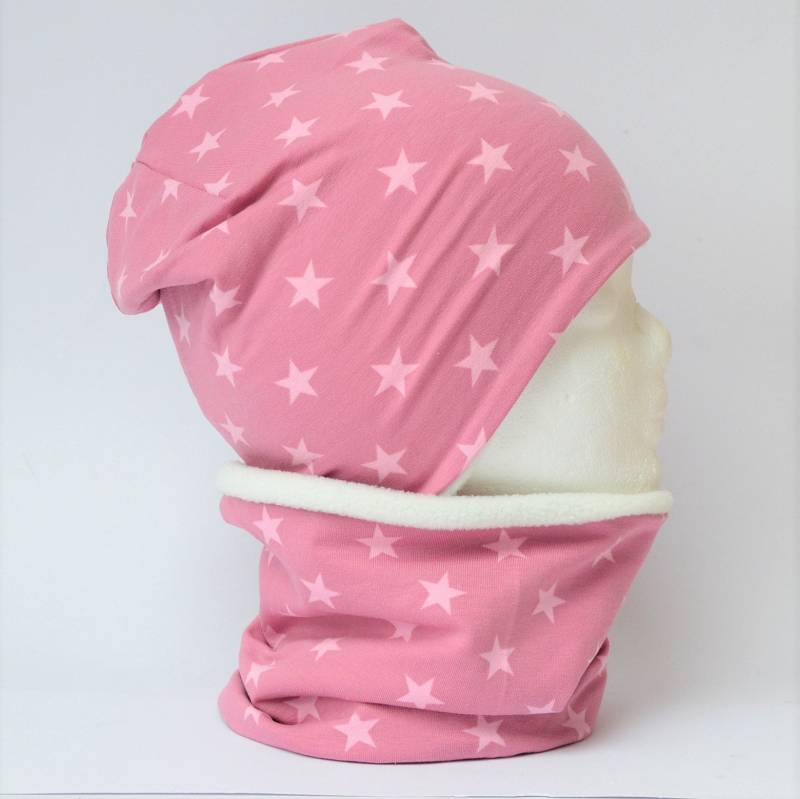 Fleece Loop Schal & Mütze Set | Kleine Sterne Rosa Altrosa Mädchen Für 4 - 5 6 7 Jahre Kinder Warm Gefüttert Beanie Kombination von lamaika