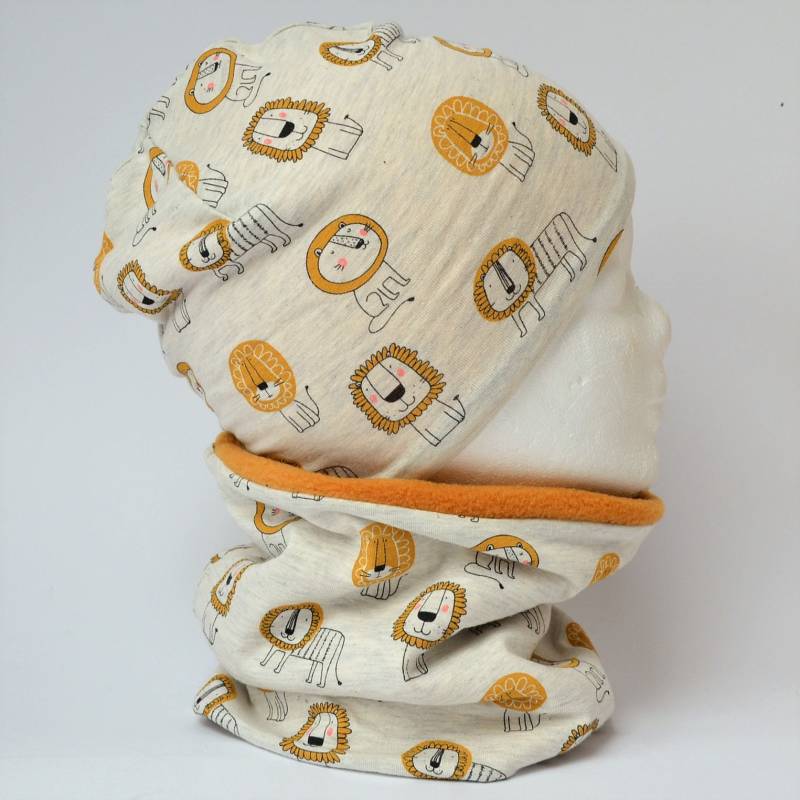 Fleece Loop Schal & Mütze Set | Löwe Grau Meliert Senfgelb Jungen Für 2 - 3 4 Jahre Kinder Warm Gefüttert Beanie Kombination von lamaika