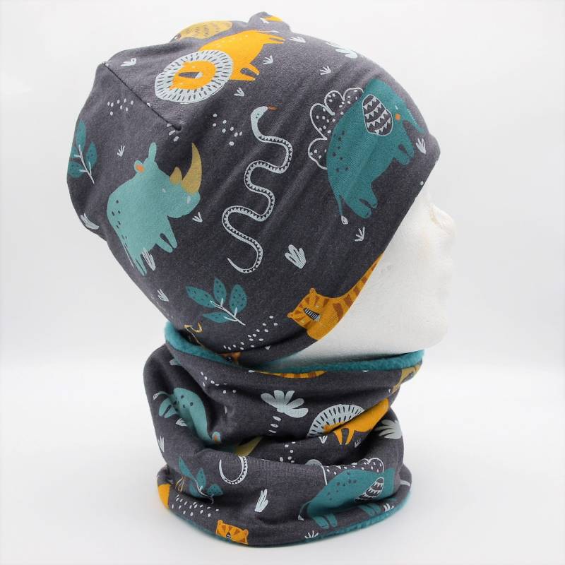 Fleece Loop Schal & Mütze Set | Löwen Elefanten Petrol Türkis Schwarz Junge 4 - 5 6 Jahre Kinder Warm Gefüttert Beanie Kombination von lamaika