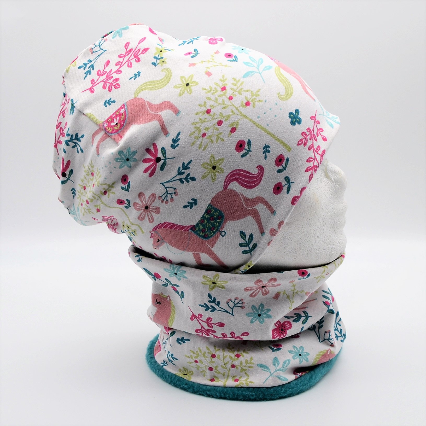 Fleece Loop Schal & Mütze Set | Pferde Blumen Blätter Wald Weiß Petrol Grün Rosa Mädchen 4 -5 - 6 7 Jahre Kinder Damen Beanie Kombi von lamaika