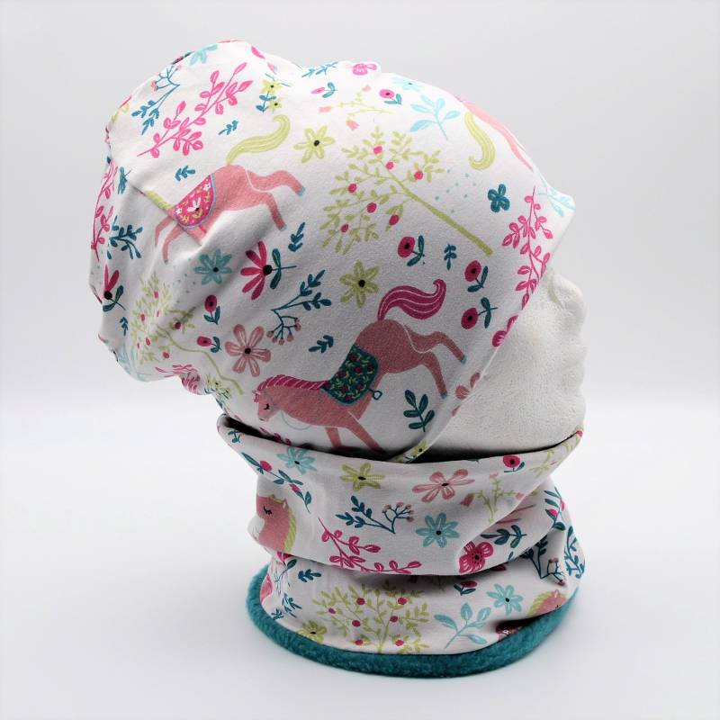 Fleece Loop Schal & Mütze Set | Pferde Blumen Blätter Wald Weiß Petrol Grün Rosa Mädchen 4 -5 - 6 7 Jahre Kinder Damen Beanie Kombi Fleece Loop Schal & Mütze Set | Pferde Blumen Blätter Wald Weiß Petrol Grün Rosa Mädchen 4 -5 - 6 7 Jahre Kinder Damen Beanie Kombi von lamaika