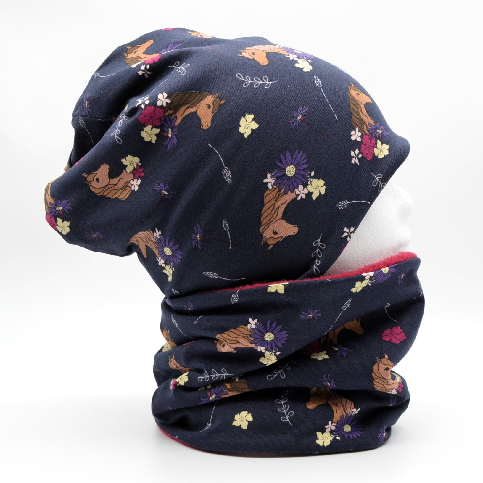 Fleece Loop Schal & Mütze Set | Pferdeköpfe Blumen Dunkelblau Pink Mädchen Für 4 -5 - 6 7 Jahre Kinder| Warm Gefüttert Beanie Kombi von lamaika