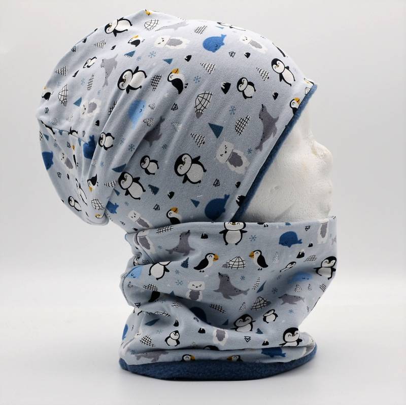 Fleece Loop Schal & Mütze Set |Pinguine Wale Iglu Hellblau | Jungen Für 4 - 5 6 Jahre Kinder Warm Gefüttert Beanie Kombination Mädchen von lamaika