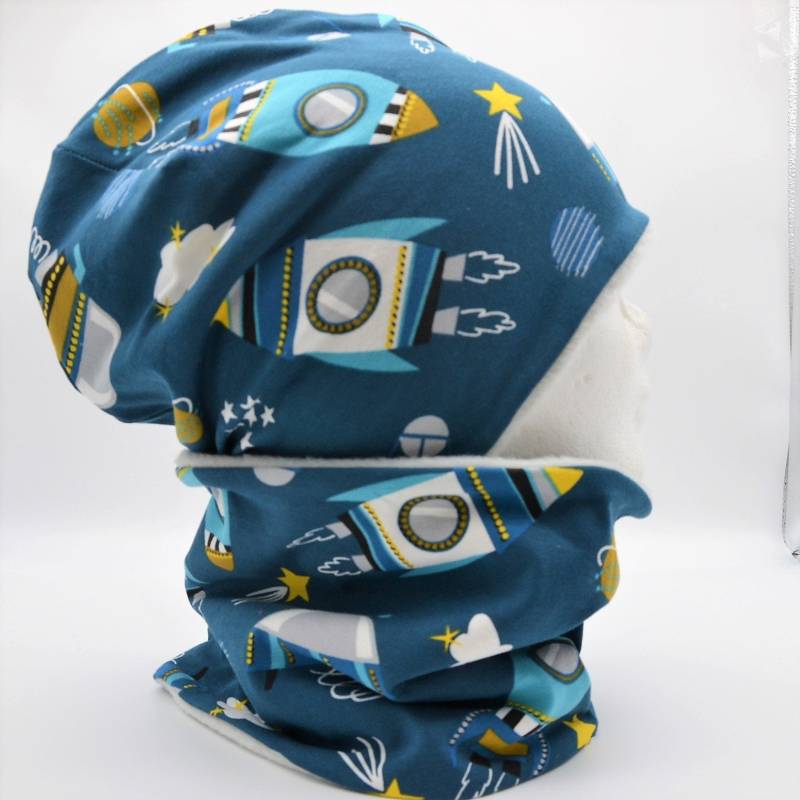Fleece Loop Schal & Mütze Set | Raketen Weltall Petrol Grau Jungen Für 4 - 5 6 Jahre Kinder Warm Gefüttert Beanie Kombination von lamaika