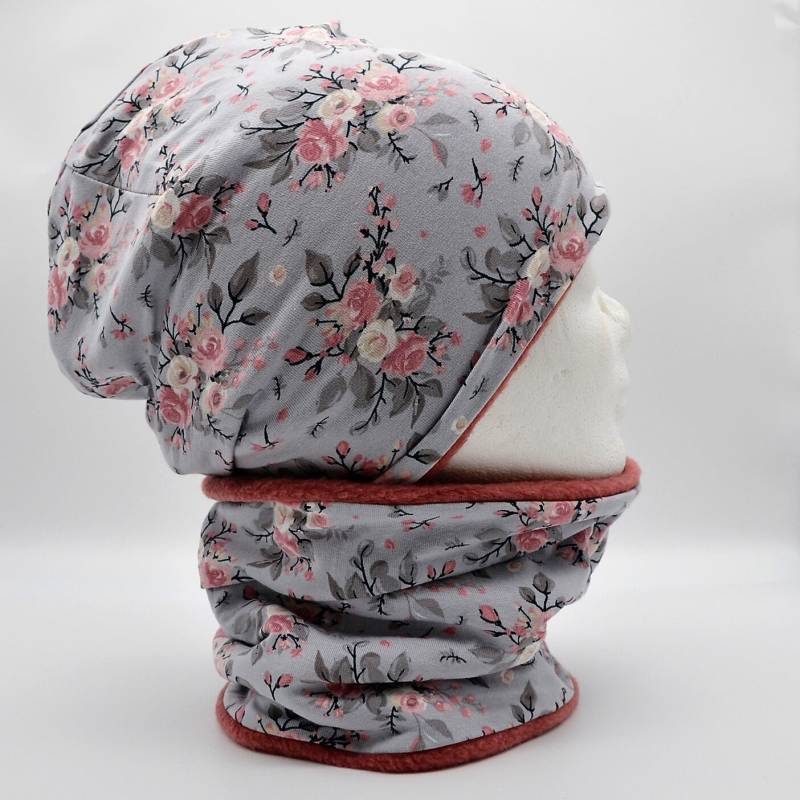 Fleece Loop Schal & Mütze Set |Rosen Blumen Grau Altrosa | Mädchen Für 4 - 5 6 7 8 Jahre Kinder Warm Gefüttert Beanie Kombination von lamaika