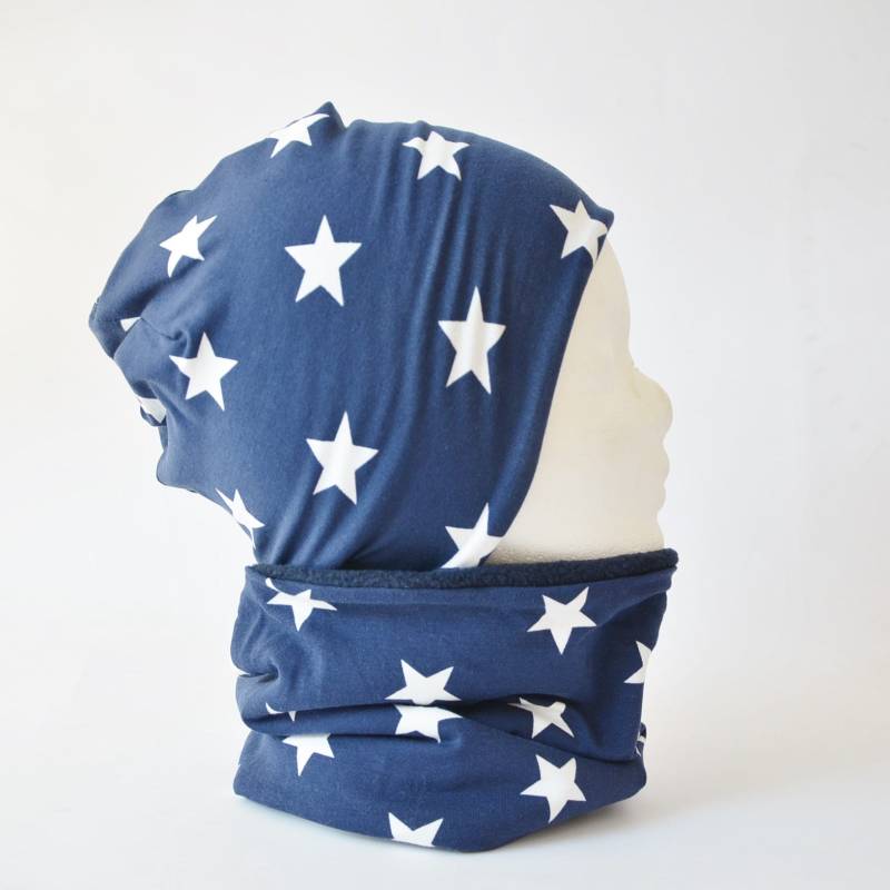 Fleece Loop Schal & Mütze Set | Sterne Dunkelblau Weiß Jungen Für 4 - 5 6 7 8 Jahre Kinder Warm Gefüttert Beanie Kombination von lamaika