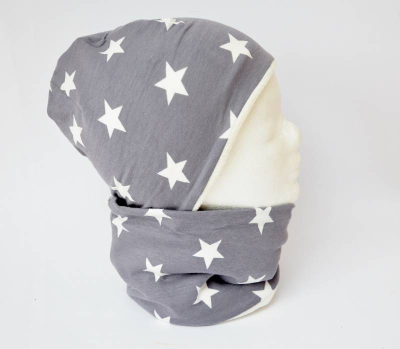 Fleece Loop Schal & Mütze Set | Sterne Grau Weiß Mädchen Unisex Jungen Für 4 - 5 6 7 -8 Jahre Kinder Warm Gefüttert Beanie Kombination von lamaika