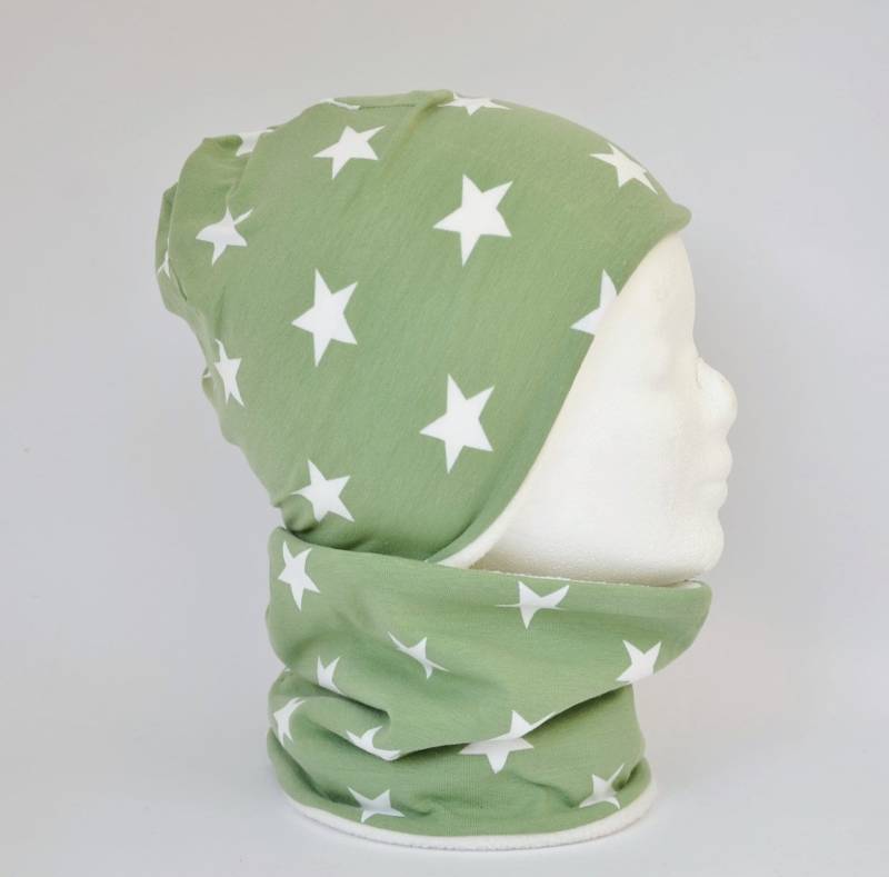 Fleece Loop Schal & Mütze Set | Sterne Lindgrün Weiß Mädchen Junge Unisex 4 -5 - 6 7 8 Jahre Damen Warm Gefüttert Beanie Kombination von lamaika