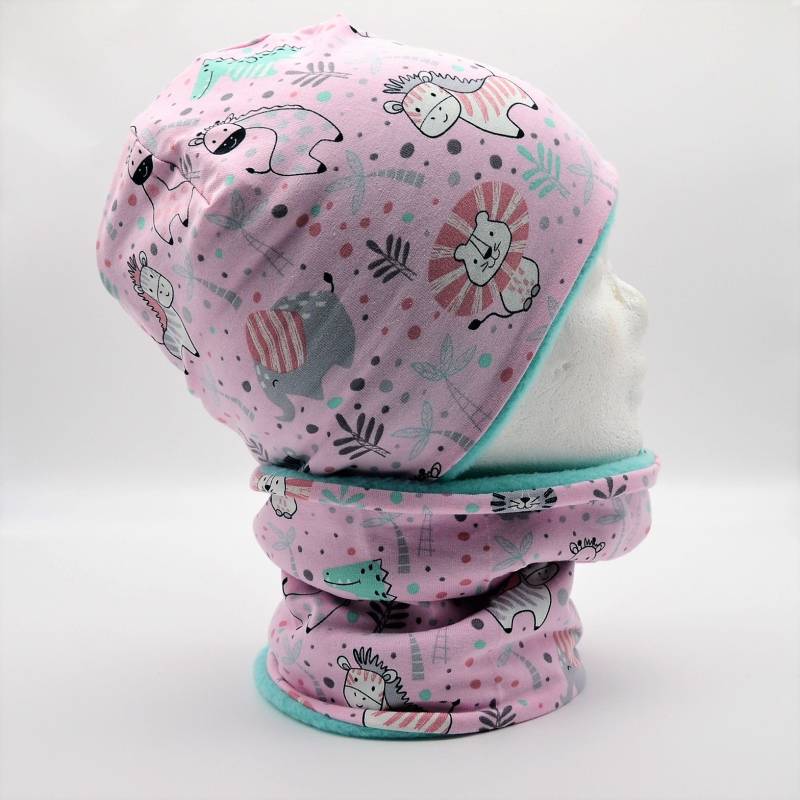 Fleece Loop Schal & Mütze Set | Tiere Elefanten Löwe Zoo Rosa Türkis Mädchen Für 2 - 3 4 Jahre Warm Gefüttert Beanie Kombination von lamaika