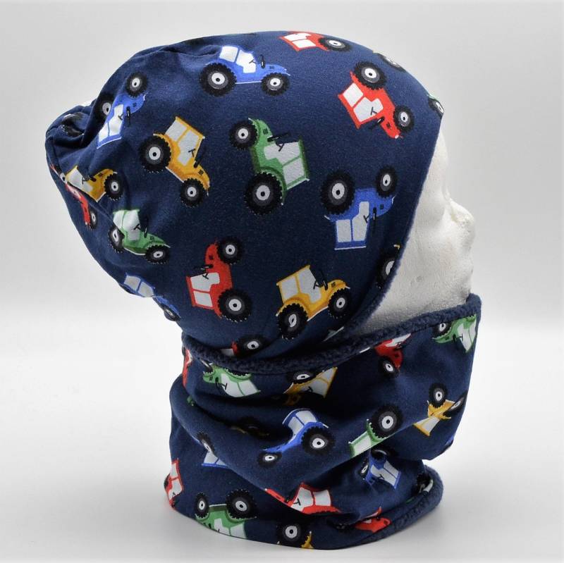 Fleece Loop Schal & Mütze Set | Traktoren Autos Blau Grün Rot Bunt Jungen Für 4 - 5 6 Jahre Kinder Warm Gefüttert Beanie Kombination von lamaika