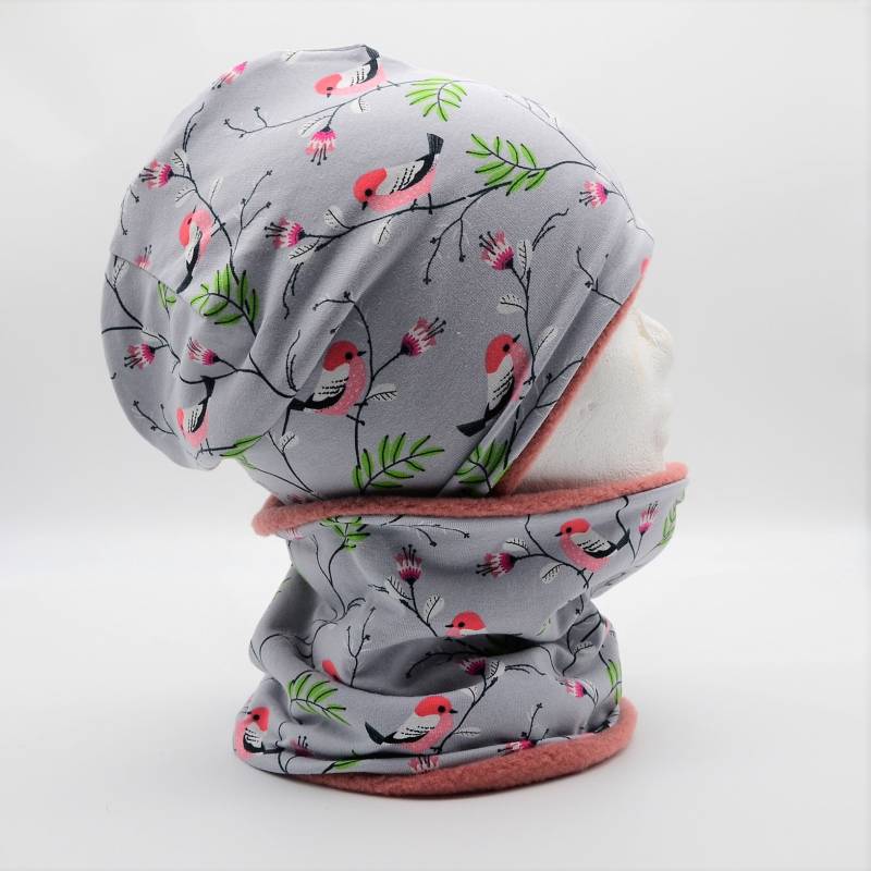 Fleece Loop Schal & Mütze Set |Vögelchen Blumen Grau Altrosa Pink | Mädchen Für 4 -5 6 7 8 Jahre Kinder Warm Gefüttert Beanie Kombination von lamaika