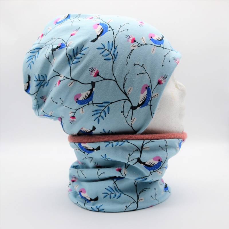 Fleece Loop Schal & Mütze Set |Vögelchen Blumen Hellblau Altrosa | Größere Mädchen Damen Warm Gefüttert Beanie Kombination von lamaika
