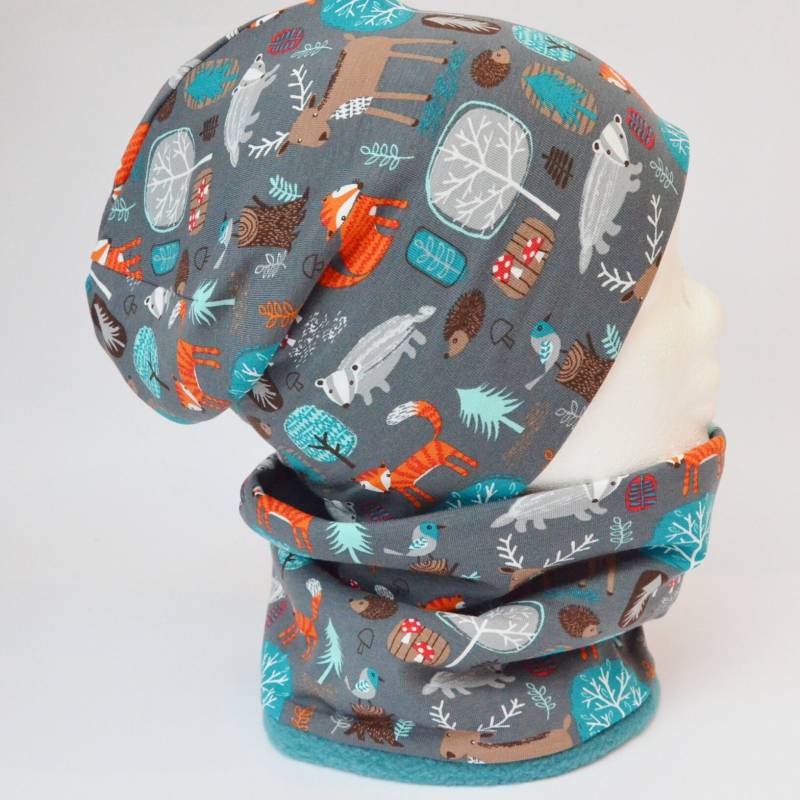 Fleece Loop Schal & Mütze Set | Waldtiere Fuchs Grau Türkis Jungen Für 2 - 3 4 Jahre Kinder Warm Gefüttert Beanie Kombination von lamaika