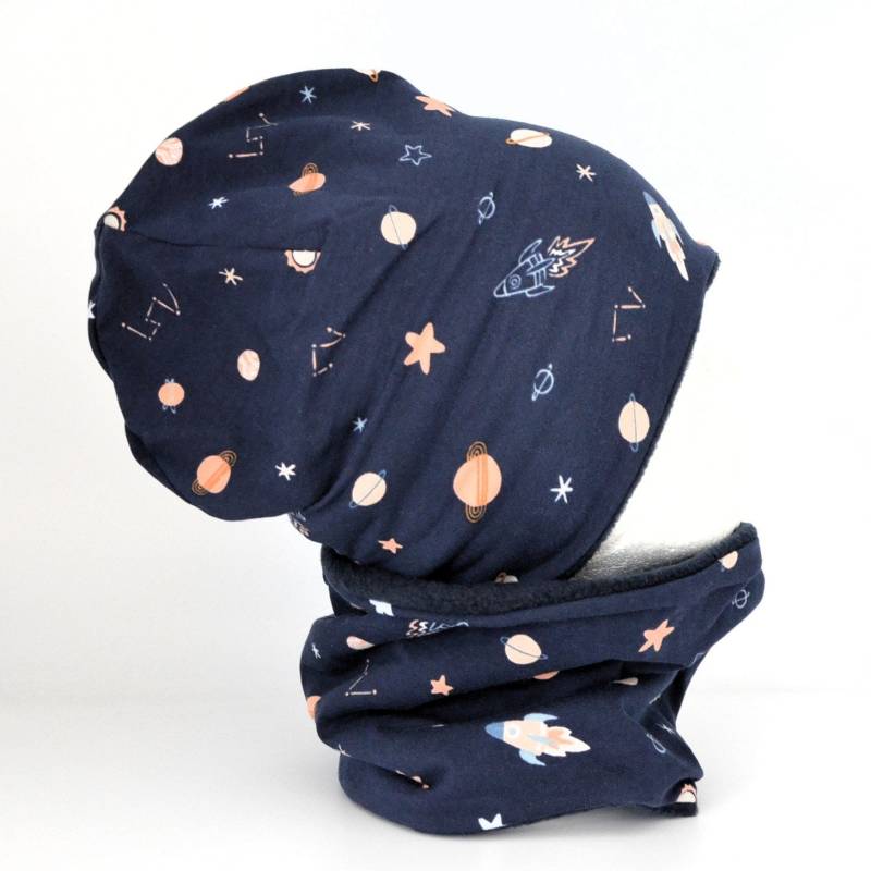 Fleece Loop Schal & Mütze Set | Weltall Sterne Dunkelblau Jungen 4 - 5 6 7 8 Jahre Kinder Warm Gefüttert Beanie Kombination von lamaika