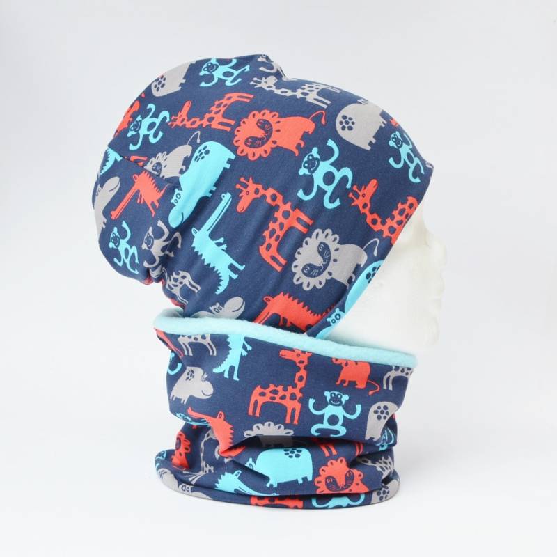 Fleece Loop Schal & Mütze Set | Zootiere Blau Türkis Rot Jungen Für 4 - 5 6 7 8 Jahre Kinder Warm Gefüttert Beanie Kombination von lamaika