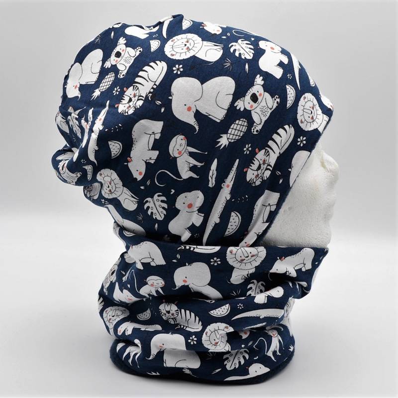 Fleece Loop Schal & Mütze Set | Zootiere Löwen Elefanten Tiger Koalas Dunkelblau Weiß Junge Mädchen 4 - 5 6 Jahre Kinder Warm Unisex von lamaika