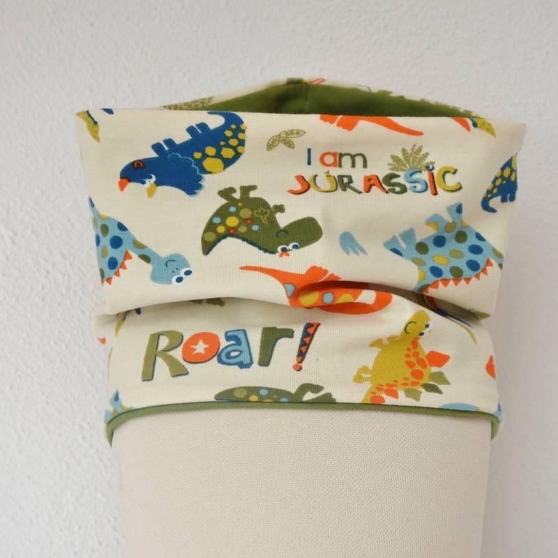 Loop Wendeschal | Dinos Bunt Blau Gelb Beige/Uni Grün Kind Junge 3 - 4 5 6- 7 8 Jahre Halstuch Schal von lamaika