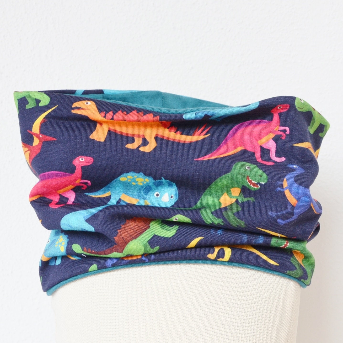 Loop Wendeschal | Dinosaurier Blau Bunt/Ringel Türkis Petrol Junge Kind Mädchen Unisex 3 - 4 5 6- 7 8 Jahre Halstuch Schal von lamaika