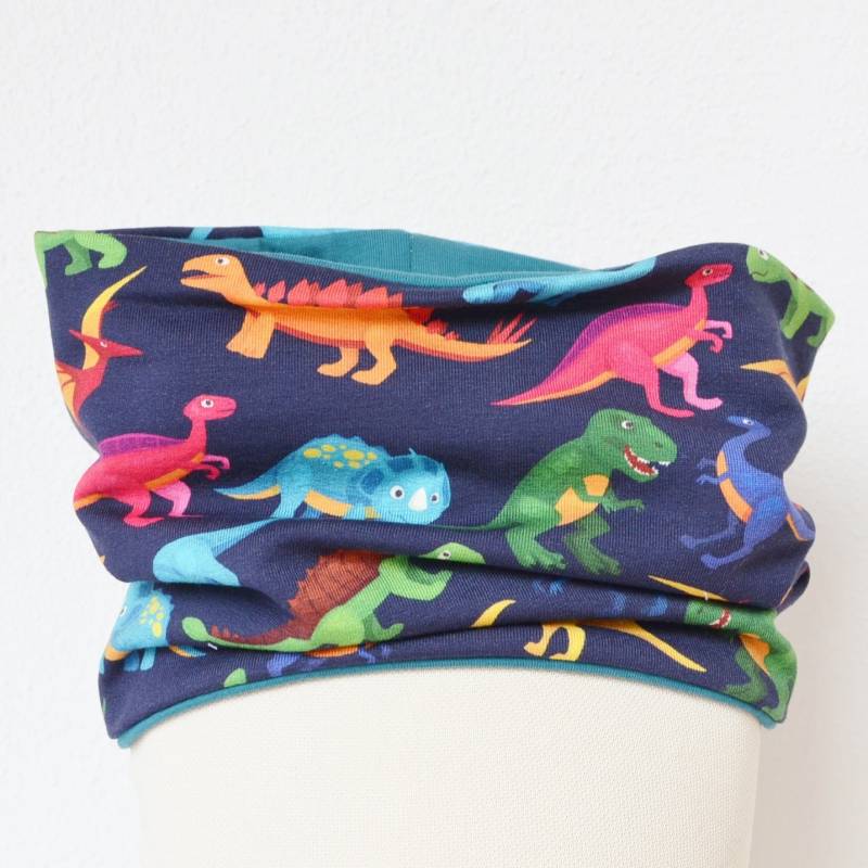 Loop Wendeschal | Dinosaurier Blau Bunt/Ringel Türkis Petrol Junge Kind Mädchen Unisex 3 - 4 5 6- 7 8 Jahre Halstuch Schal von lamaika