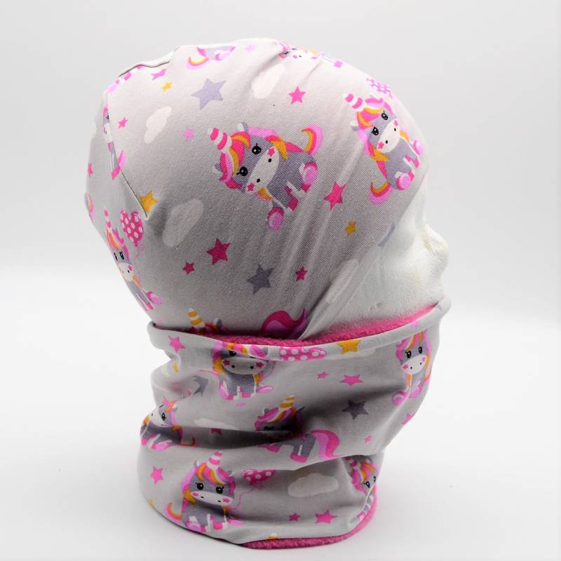 Sale Fleece Loop Schal & Mütze Set | Einhorn Herzen Sterne Wolken Grau Rosa Pink Mädchen Für 3 - 4 5 Jahre Kinder Beanie Kombination von lamaika