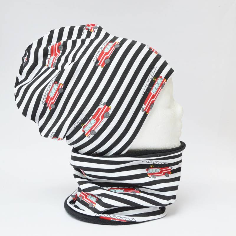 Sale Fleece Loop Schal & Mütze Set | Feuerwehr Schwarz Weiß Rot Jungen Für 4 - 5 6 7 Jahre Kinder Warm Gefüttert Beanie Kombination von lamaika