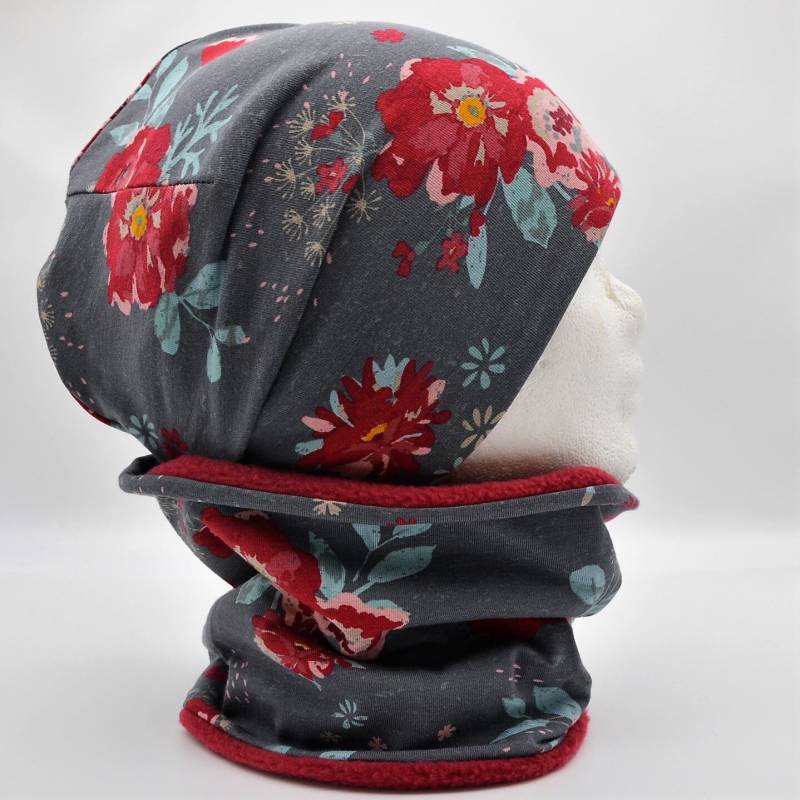Sale Fleece Loop Schal & Mütze Set | Große Blumen Grau Bordeauxrot Mädchen Für 4 -7 Jahre Kinder| Warm Gefüttert Beanie Kombination von lamaika