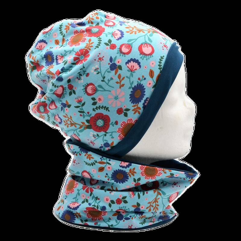 Wende Loop Schal & Mütze Set | Blumen Ranken Türkis Rot Rosa/Uni Petrol Mädchen 4 - 5 6 7 8 Jahre Kinder Damen Beanie Kombi von lamaika