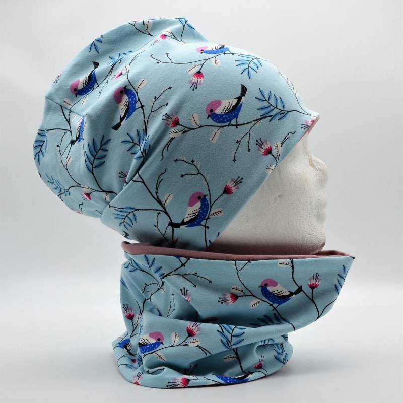 Wende Loop Schal & Mütze Set | Blumen Vögelchen Hellblau Rosa/Altrosa Uni Mädchen 4 -5 - 6 7 8 Jahre Kinder Damen Beanie Kombi von lamaika