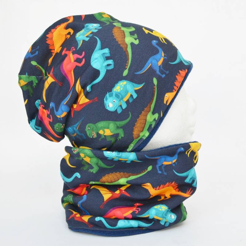 Wende Loop Schal & Mütze Set | Dinos Bunt Rot Gelb Grün/Uni Blau Junge Für 4 - 5 6 7 8 Jährige Jungs Boy von lamaika
