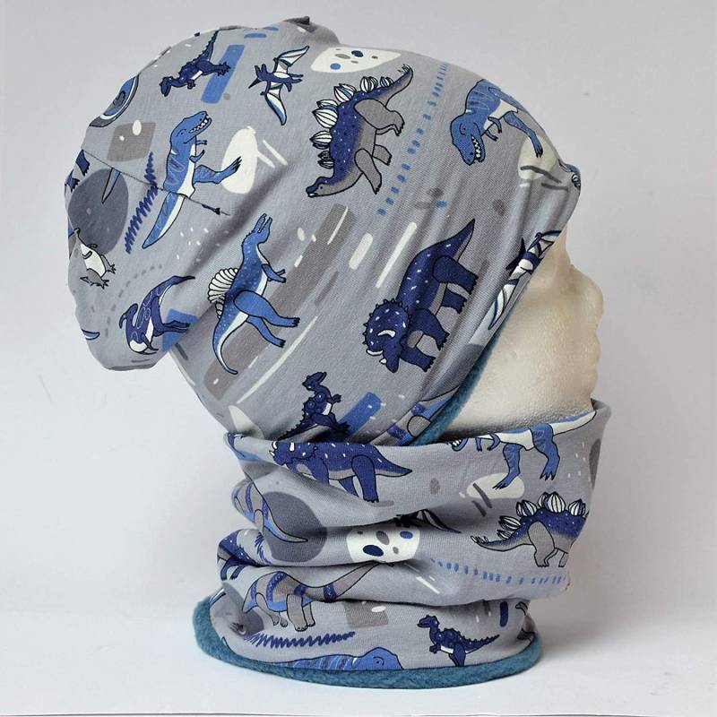 Wende Loop Schal & Mütze Set | Dinos Grau Blau/Meliert Junge Für 4 - 5 6 7 8 Jährige Jungs Boy von lamaika