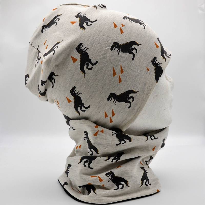 Wende Loop Schal & Mütze Set | Dinosaurier Grau Schwarz/ Uni Schwarz Jersey Junge Kind Loopschal Halstuch Wendeloop Kinder von lamaika