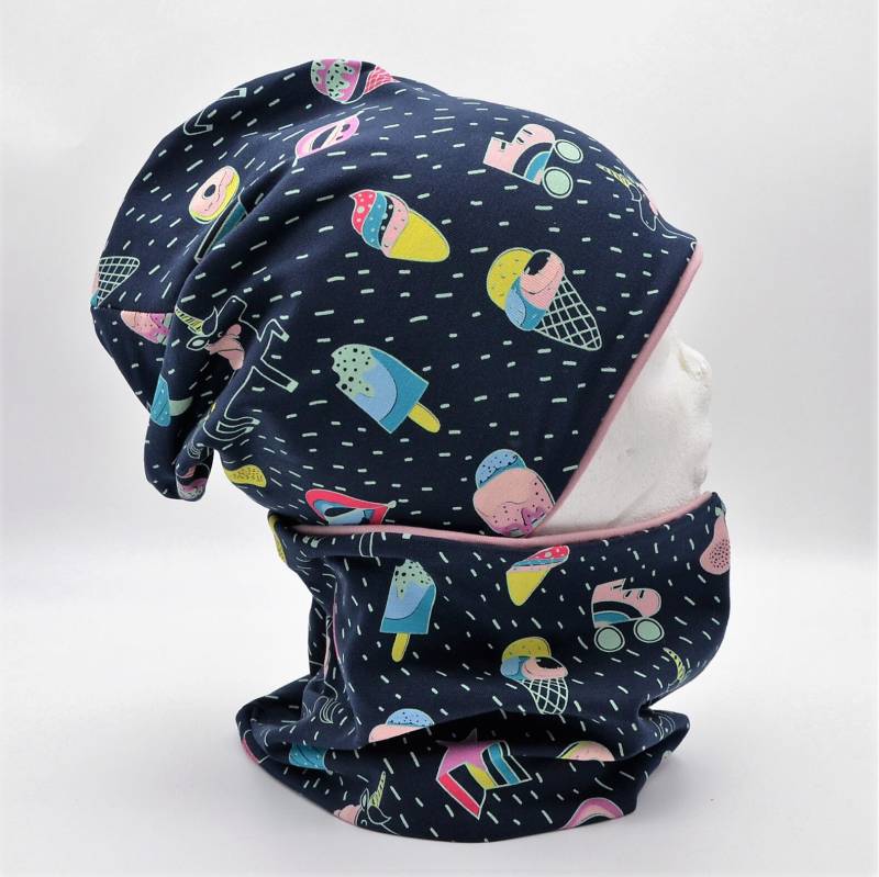 Wende Loop Schal & Mütze Set | Eistüten Einhorn Dunkelblau/Altrosa Uni Mädchen 4 -5 - 6 7 8 Jahre Kinder Damen Beanie Kombi von lamaika