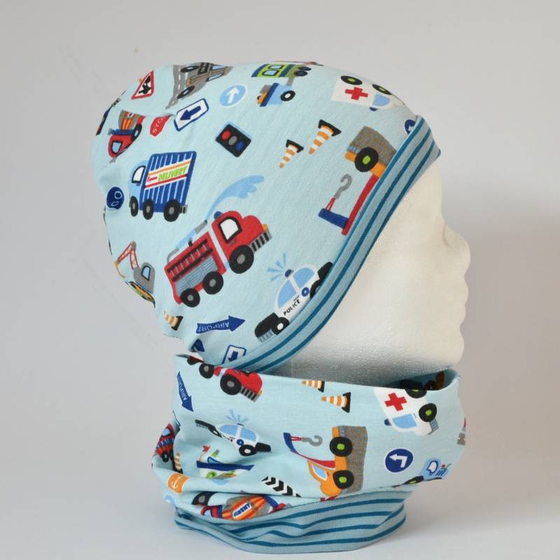 Wende Loop Schal & Mütze Set | Fahrzeuge Zug Bagger Hellblau/Ringel Weiß Blau Junge Für 3 - 4 5 6 Jahre Kinder Beanie Kombination von lamaika