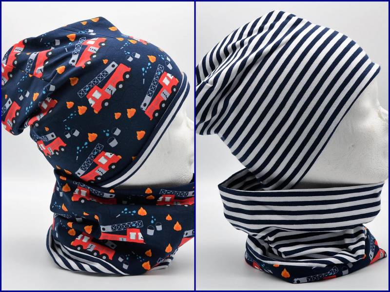 Wende Loop Schal & Mütze Set | Feuerwehr Autos Dunkelblau Rot/Ringel Blau Weiß Junge Für 4 - 5 6 7 8 Jährige Boys Scarf Hat von lamaika