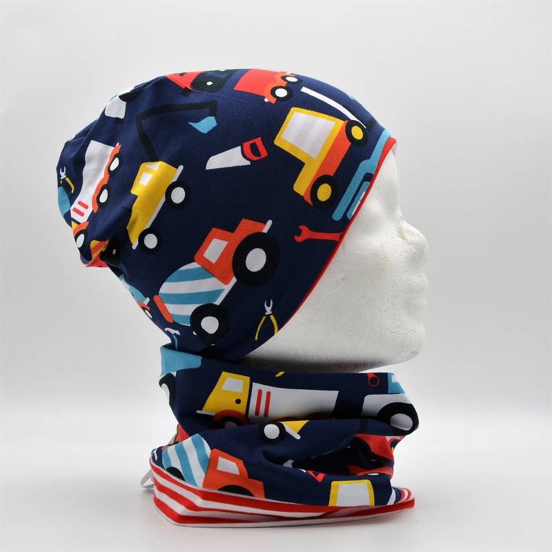 Wende Loop Schal & Mütze Set | Feuerwehr Autos Dunkelblau Rot/Ringel Rot Weiß Junge Für 4 - 5 6 Jährige Boys Scarf Hat von lamaika