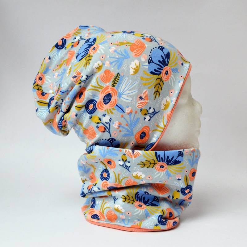 Wende Loop Schal & Mütze Set | Kornblumen Grau Blau/Meliert Apricot Mädchen 6 - 7 8 9 10 Jahre Kinder Damen Beanie Kombi von lamaika