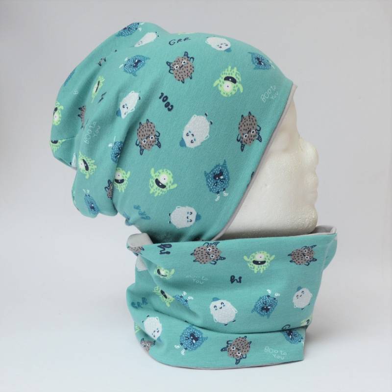 Wende Loop Schal & Mütze Set | Monster/Uni Grau Türkis Gellgrau Lindgrün Jungen Für 3 - 4 5 6 Jahre Kinder Beanie Kombination von lamaika