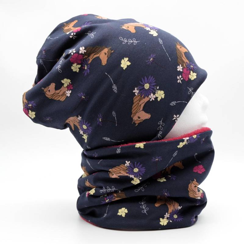 Wende Loop Schal & Mütze Set | Pferdeköpfe Blumen Blau Pink/ Uni Pink Mädchen Für 4 - 5 6 7 8 Jährige Kinder Halstuch von lamaika