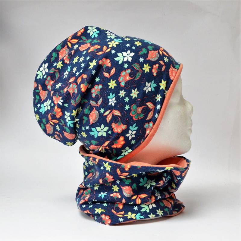 Wende Loop Schal & Mütze Set | Streublumen Blau Türkis/Meliert Apricot Mädchen 6 - 7 8 9 10 Jahre Kinder Damen Beanie Kombi von lamaika