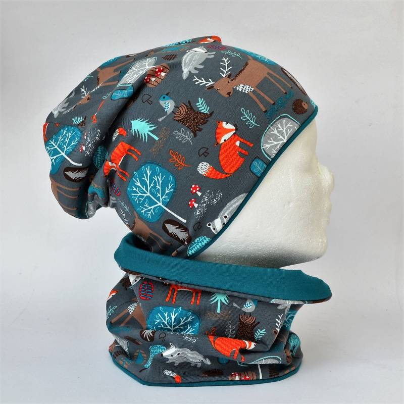 Wende Loop Schal & Mütze Set | Waldtiere Füchse Grau/Uni Petrol Junge Für 3 - 4 5 6 Jährige Kinder Beanie Kombination von lamaika