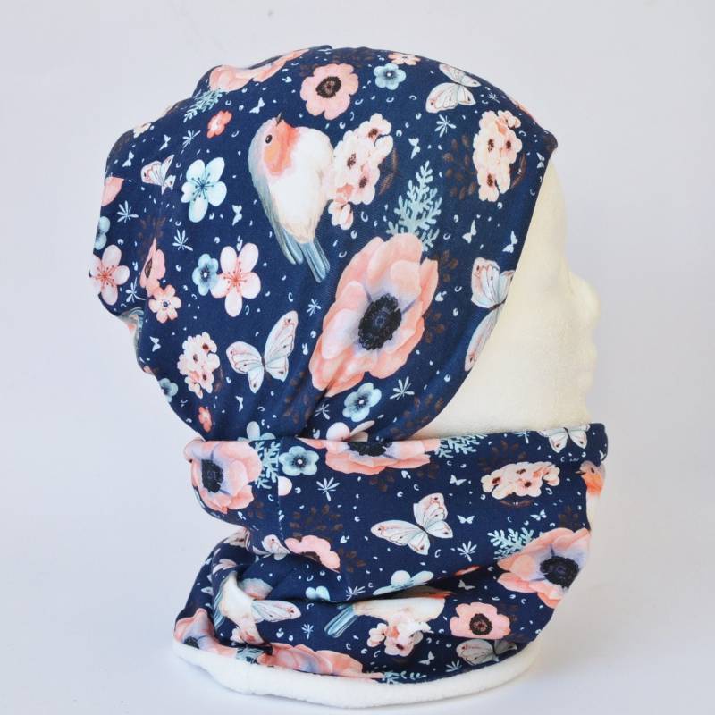 Wendeset Mütze & Kinderloop Halssocke | Rotkehlchen Dunkelblau Weiß/Uni Rosa Jersey Mädchen Kind Loopal Halstuch von lamaika