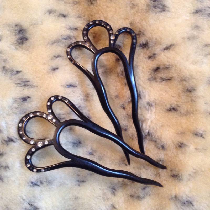 1940Er Jahren Französisch Paar Schwarz & Rinestones Haarkämme Haarspangen von laminuinette