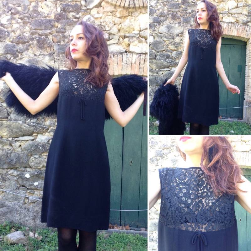 1960Er Jahre Französisch Vtg Schwarze Seide & Spitze Kleid Sz S - M von laminuinette