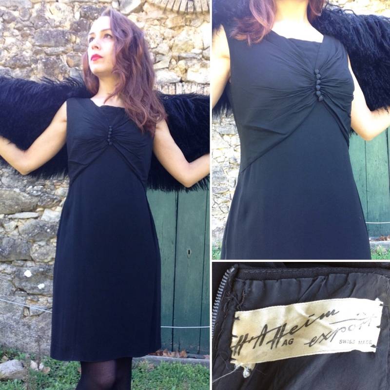 1960Er Jahre Heim Französisch Vtg Schwarz Seide Plissierte Kleid Sz S - M von laminuinette