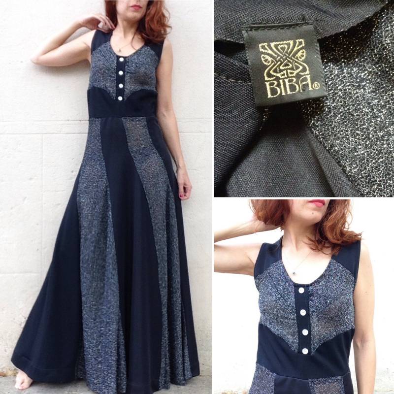 Biba 1970Er Jahre Maxi Schwarz Und Silber Lame Kleid Sz S von laminuinette