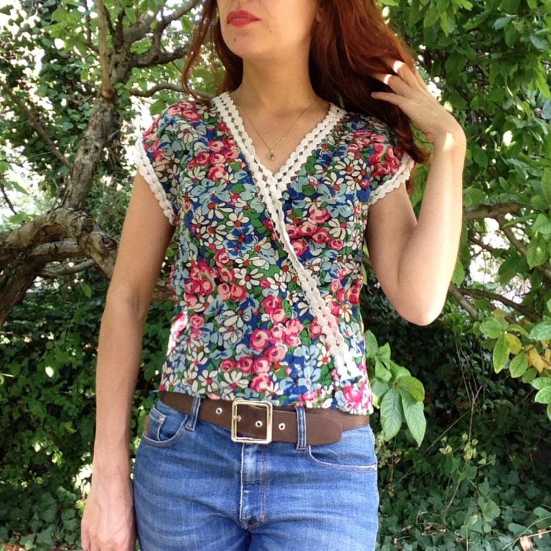 Französisch 1930Er Jahre Gedruckt Floral Rayon Wickeln Bluse von laminuinette