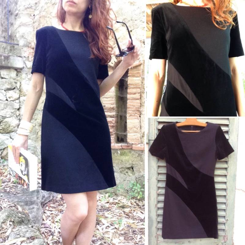 Französisch 1980Er Jahre Schwarze Wolle & Ausgeschnitten Samt Couture Kleid von laminuinette