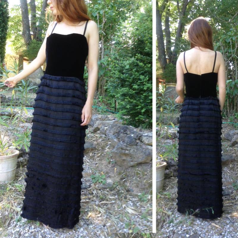 Jane Birkin Stil 1970Er Jahre French Vtg Schwarzes Samt Und Fransen Maxikleid Schwarz von laminuinette