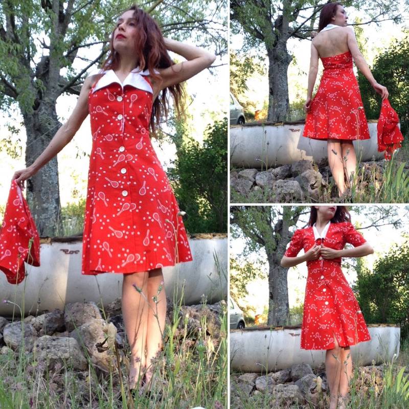 Rare Jimmy Gibbe'z 1970Er Jahre 40Er Tennis Print Kleid/Rückenlose Und Passende Cropped Jacke von laminuinette